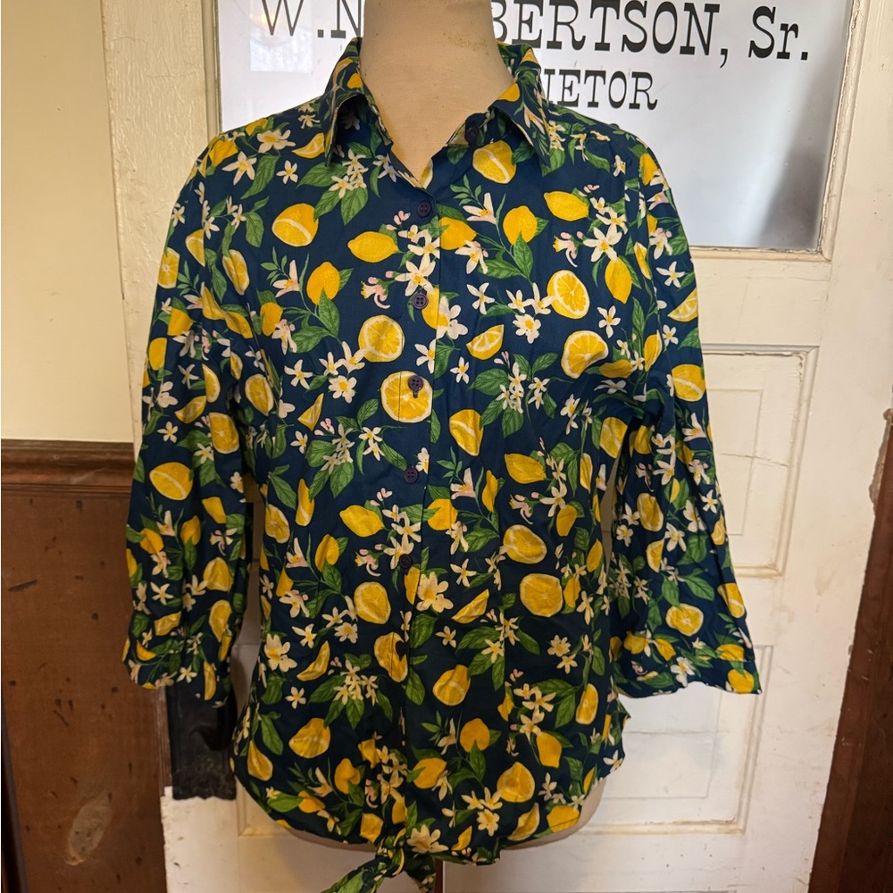 Tie-Hem Lemon Print Blouse - Navy & Yellow